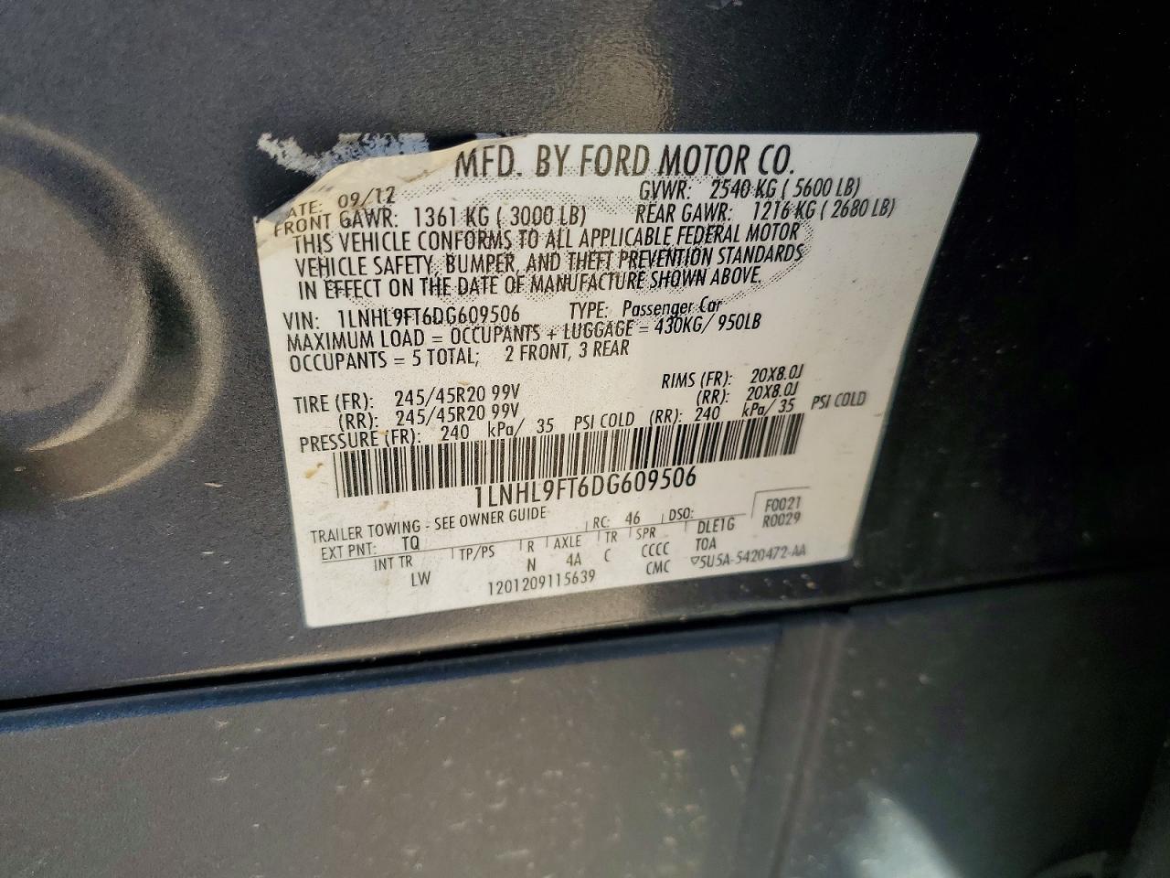 2013 Lincoln Mks VIN 1LNHL9FT6DG609506 photo 12