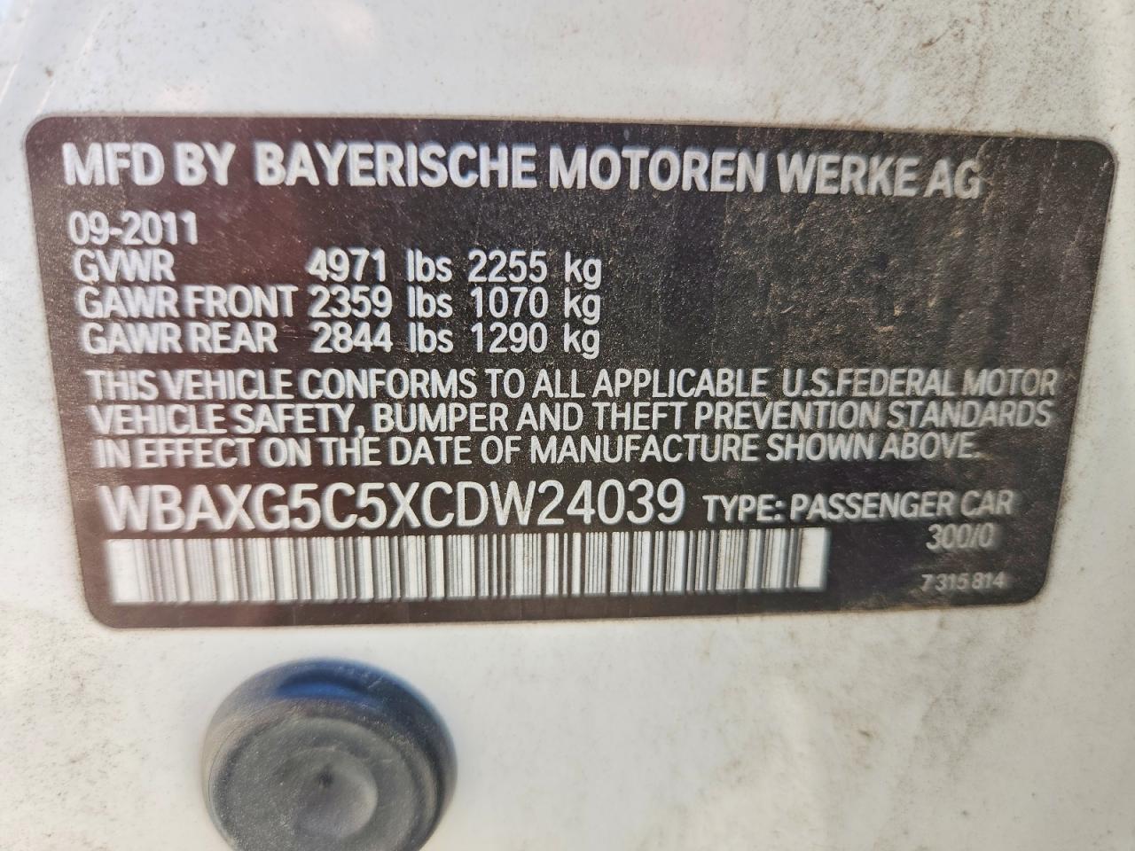 2012 BMW 5 series VIN WBAXG5C5XCDW24039 photo 12