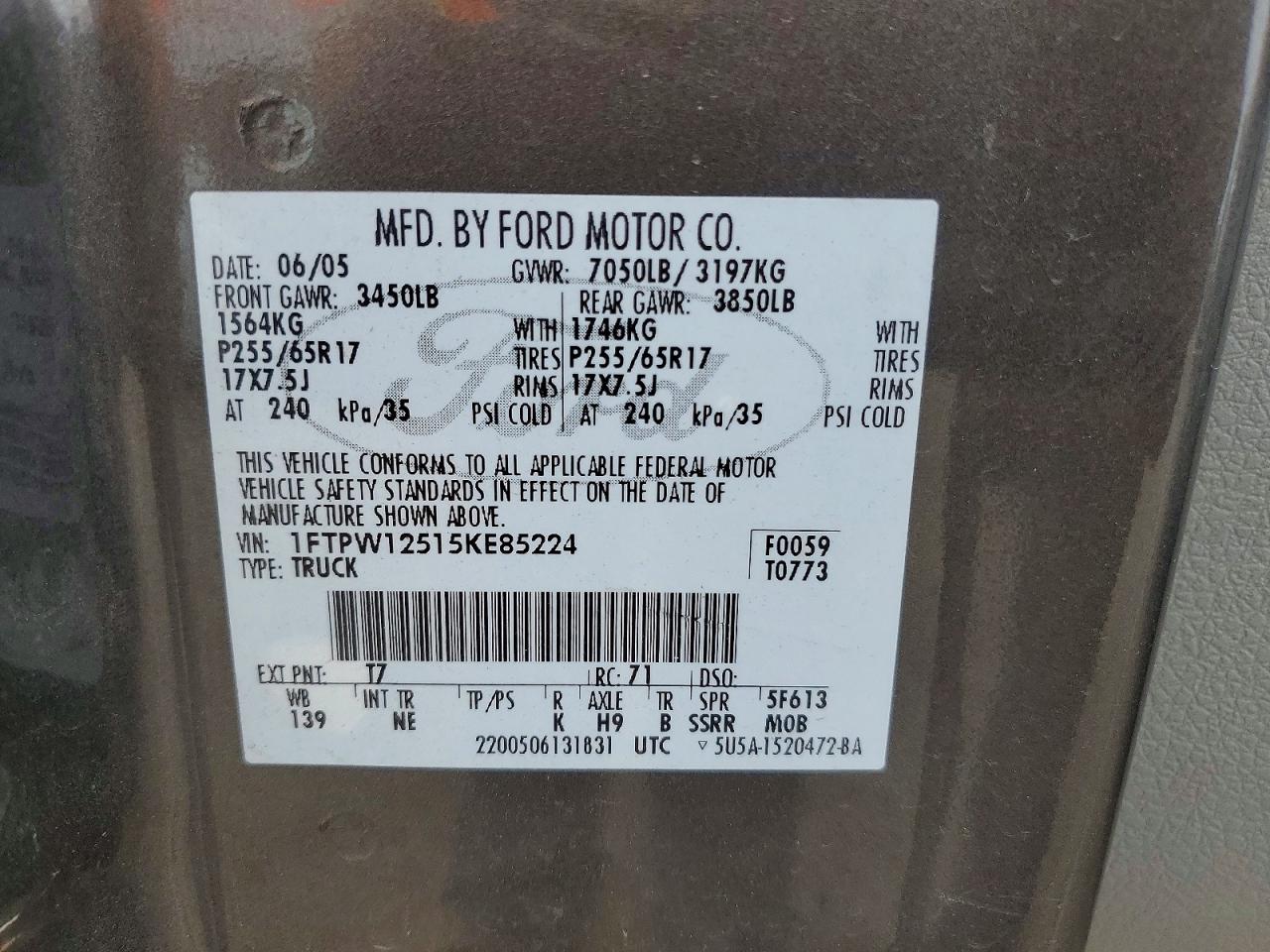 2005 FORD F150 VIN 1FTPW12515KE85224 photo 12