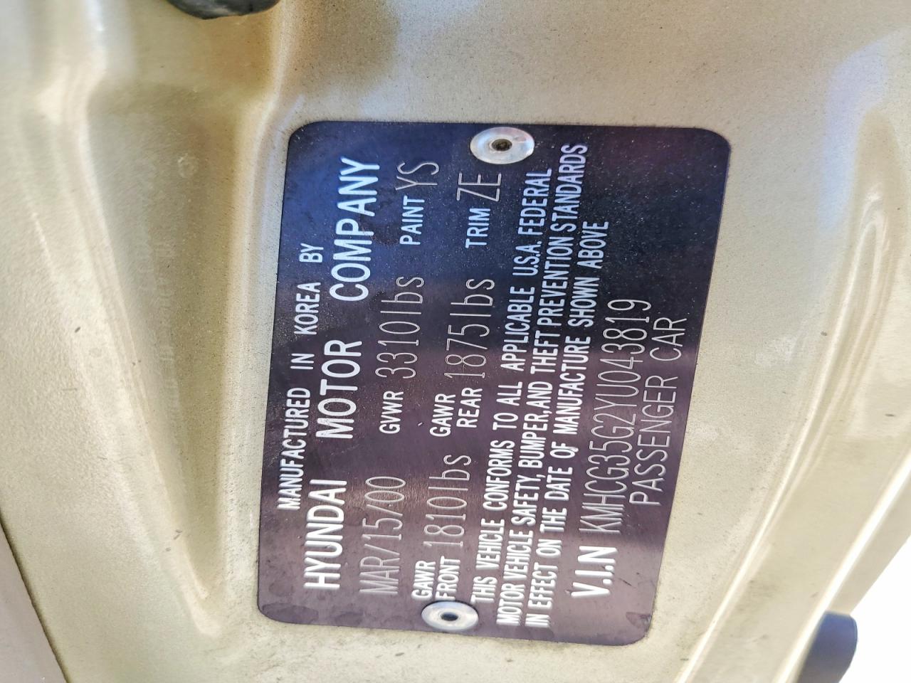 2000 Hyundai Accent VIN KMHCG35G2YU043819 photo 12