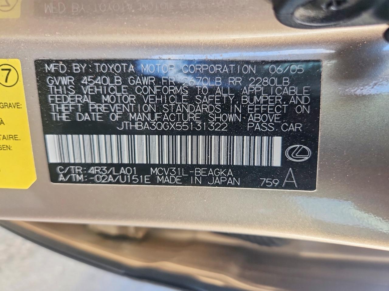 2005 Lexus Es330 VIN JTHBA30GX55131322 photo 12