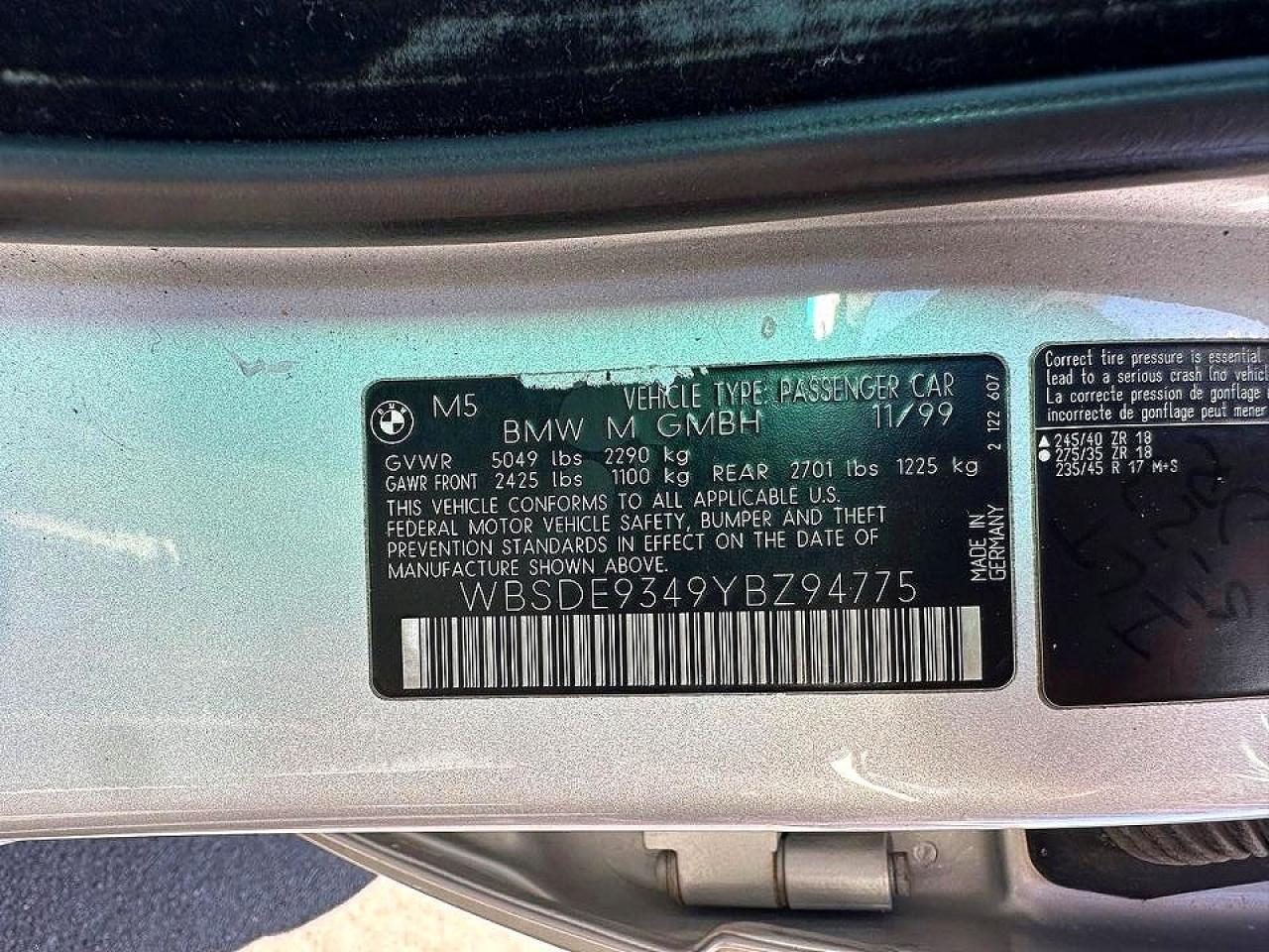2000 BMW M5 VIN WBSDE9349YBZ94775 photo 10