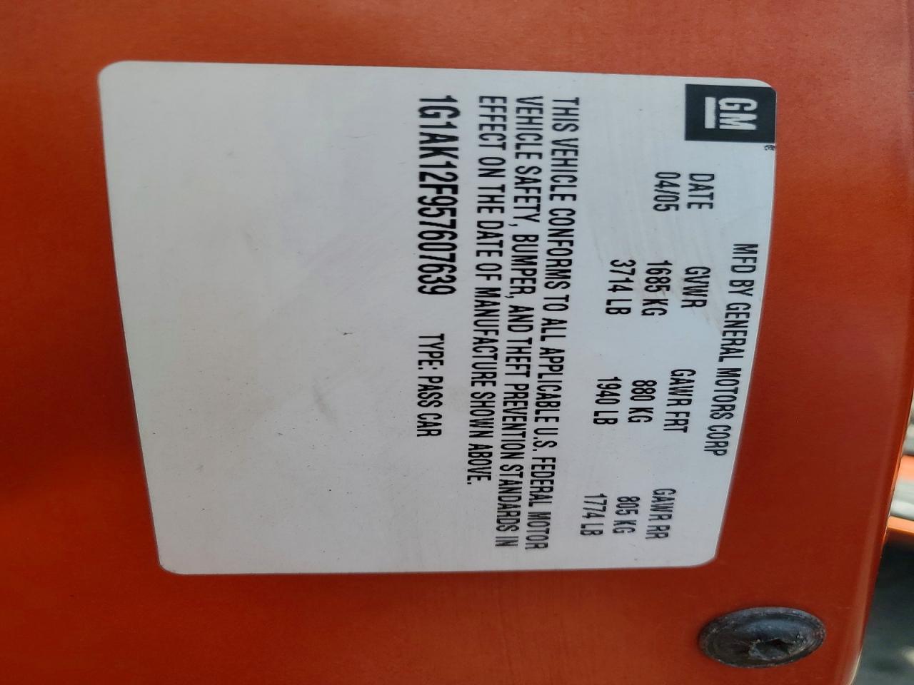 2005 Chevrolet Cobalt VIN 1G1AK12F957607639 photo 12