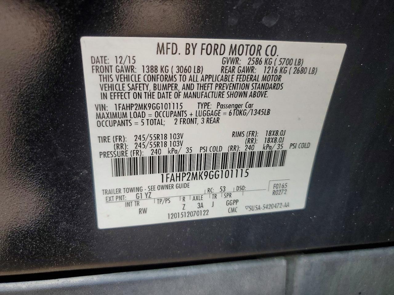 2016 Ford Taurus VIN 1FAHP2MK9GG101115 photo 12