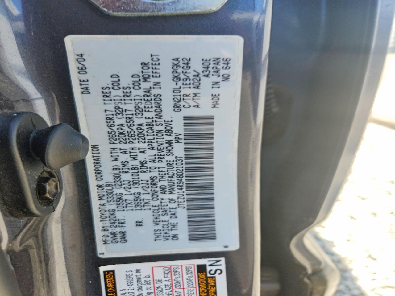 2004 TOYT 4runner VIN JTEZU14R948021037 photo 12
