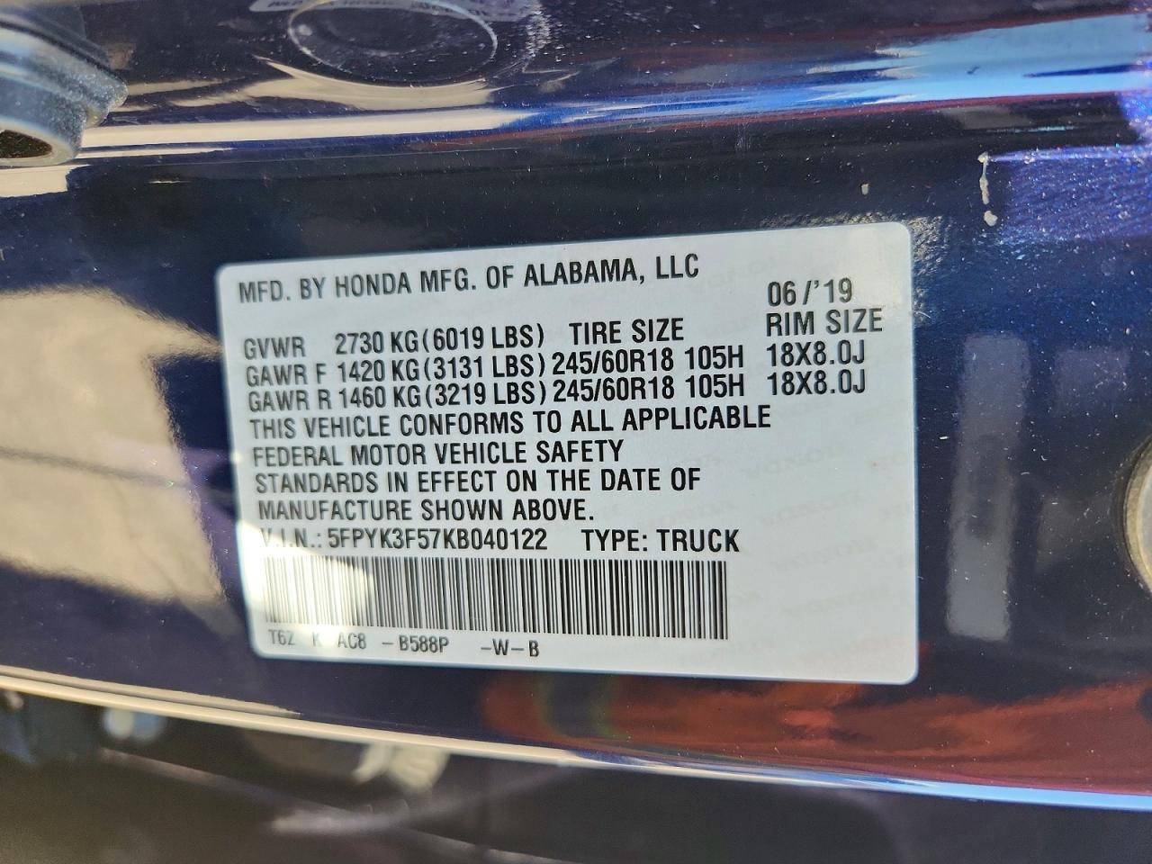 2019 Honda Ridgeline VIN 5FPYK3F57KB040122 photo 12