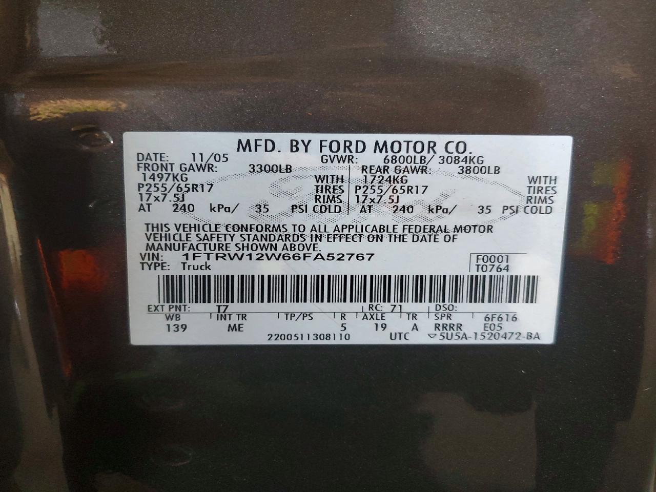 2006 FORD F150 VIN 1FTRW12W66FA52767 photo 12