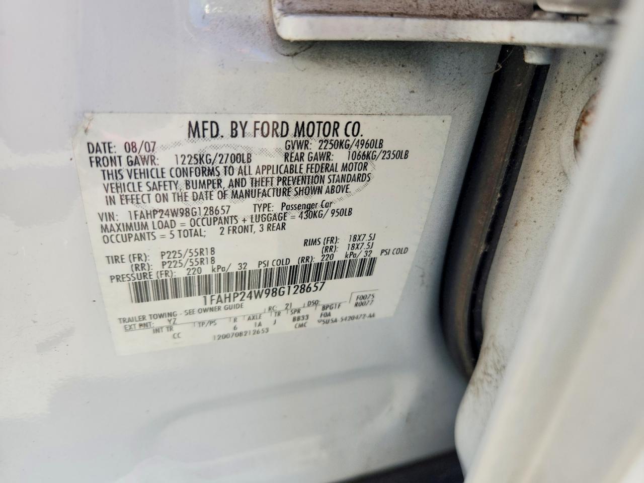 2008 Ford Taurus VIN 1FAHP24W98G128657 photo 12