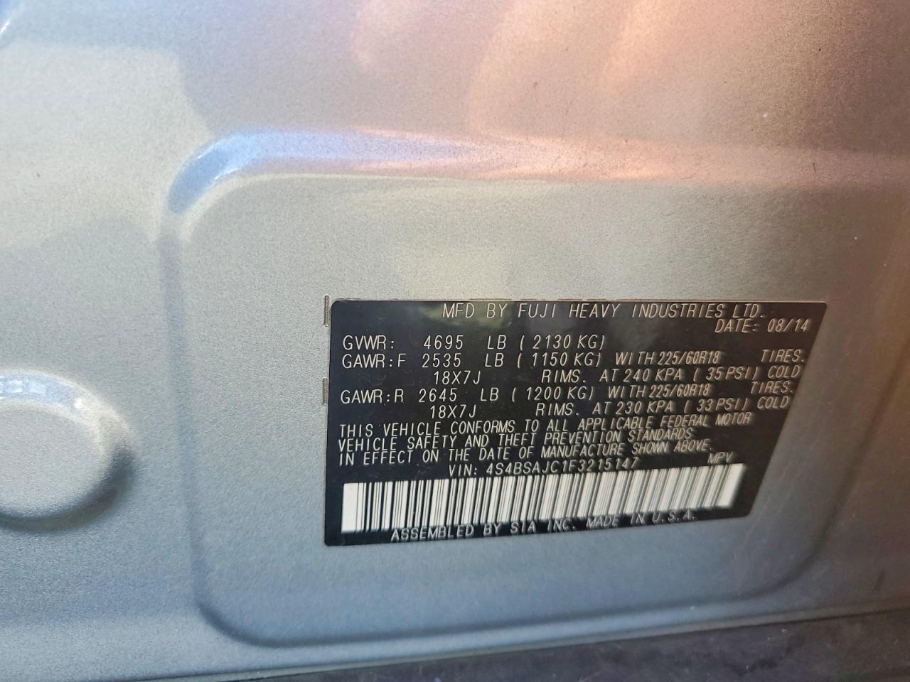 2015 SUBARU Outback 2. VIN 4S4BSAJC1F3215147 photo 12