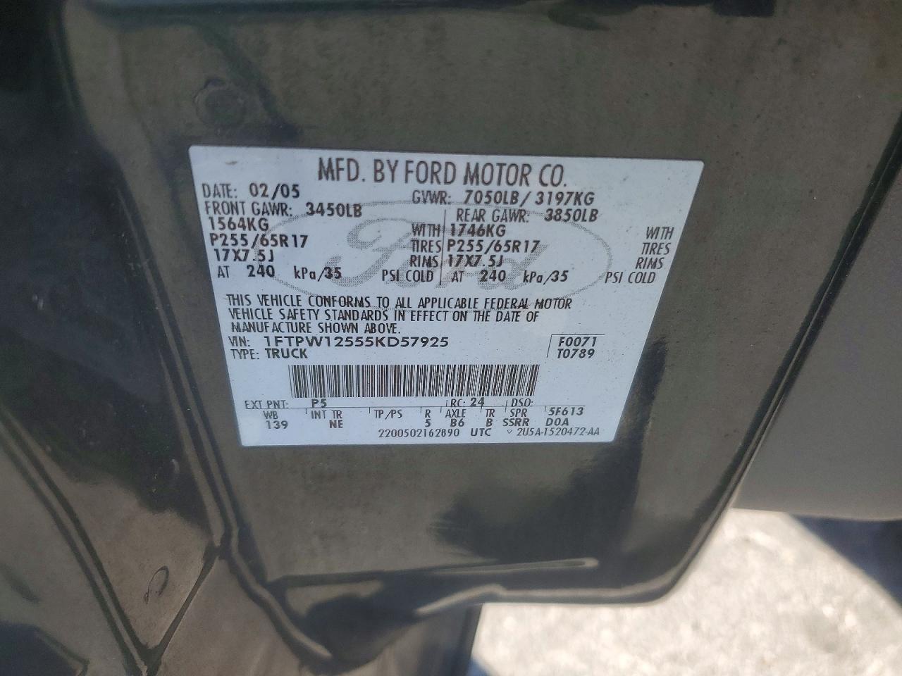 2005 Ford F150 VIN 1FTPW12555KD57925 photo 12