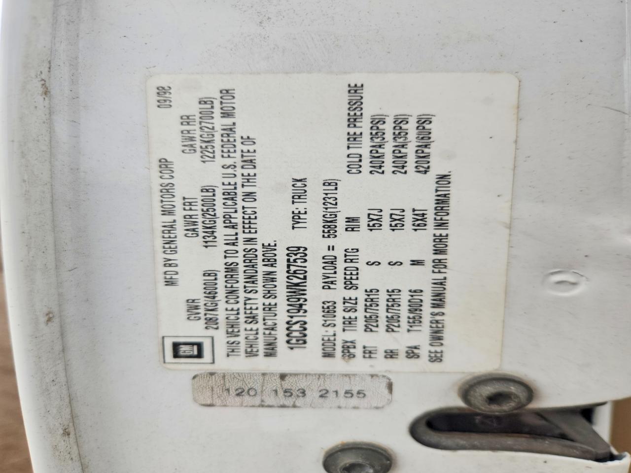 1998 CHEV S10 VIN 1GCCS1949WK267539 photo 12
