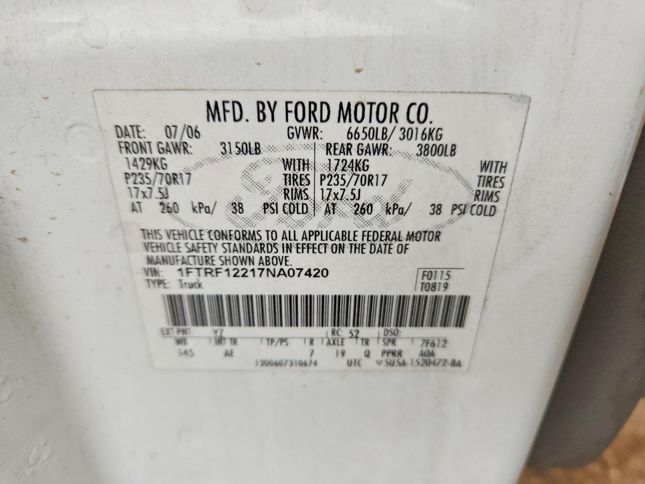 2007 FORD All models VIN 1FTRF12217NA07420 photo 12