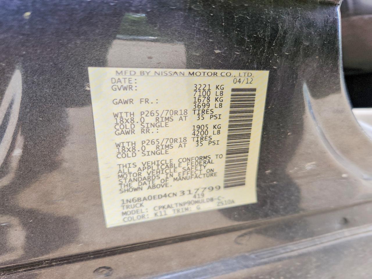 2012 NISSAN TITAN VIN 1N6BA0ED4CN317799 photo 12