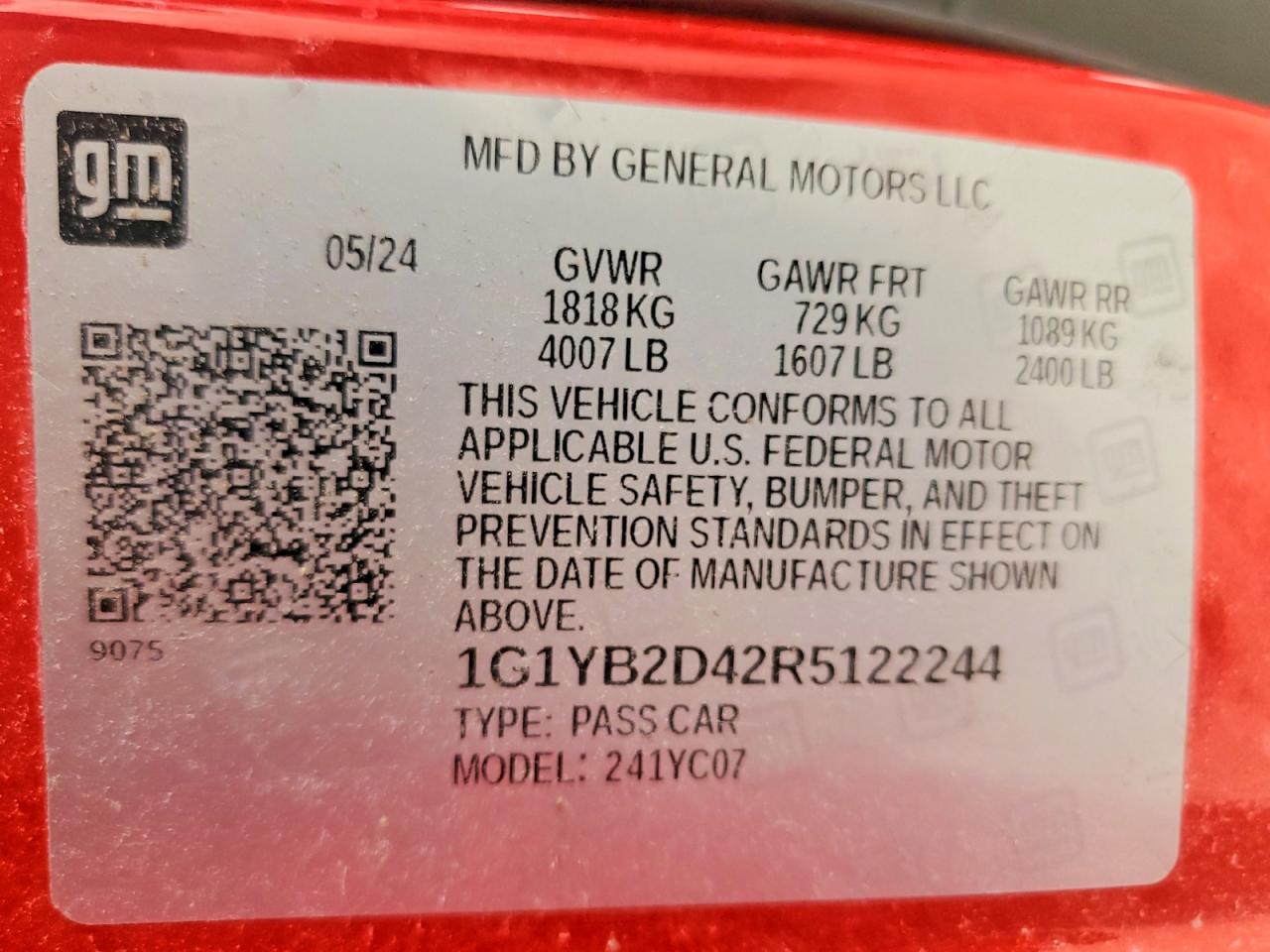 2024 CHEVROLET Corvette VIN 1G1YB2D42R5122244 photo 12