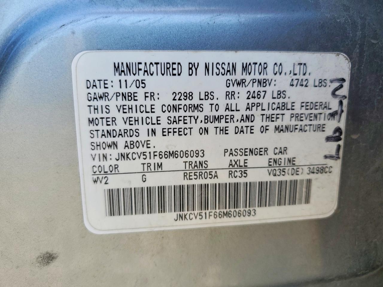 2006 Infiniti G35 VIN JNKCV51F66M606093 photo 12