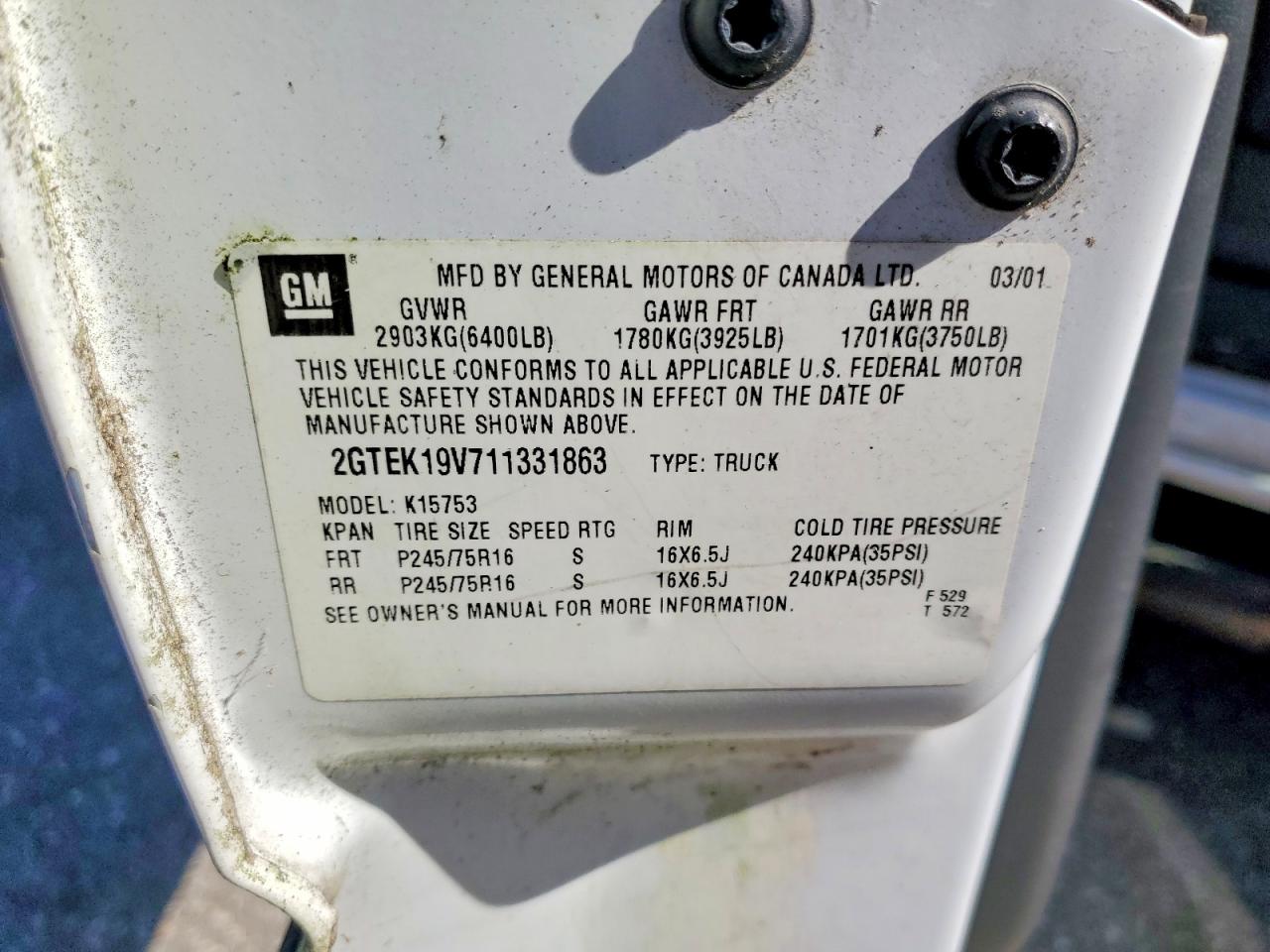 2001 GMC SIERRA VIN 2GTEK19V711331863 photo 12