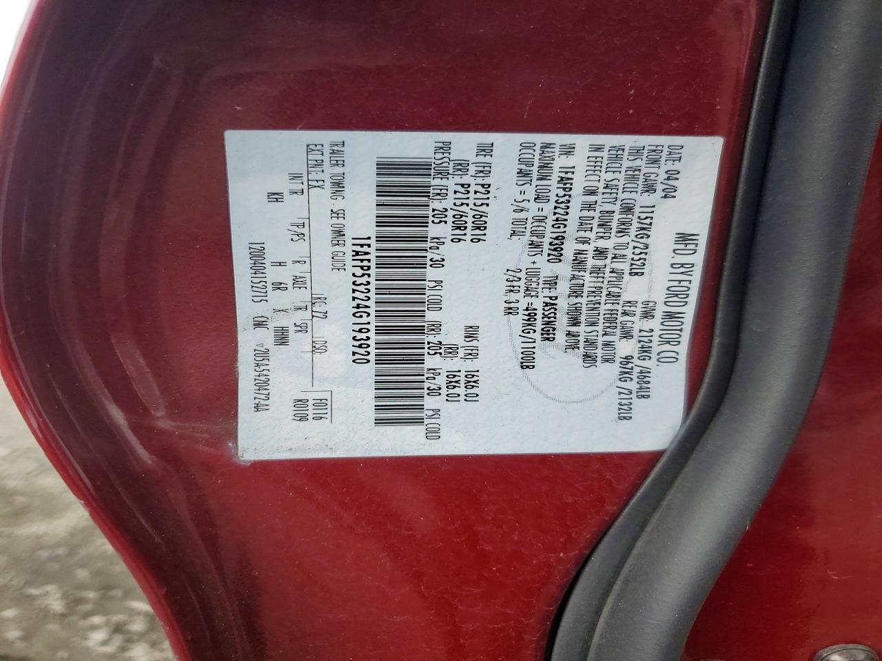 2004 Ford Taurus VIN 1FAFP53224G193920 photo 12