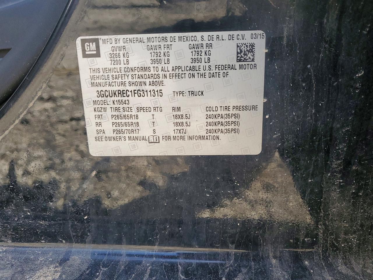 2015 Chevrolet All models VIN 3GCUKREC1FG311315 photo 12