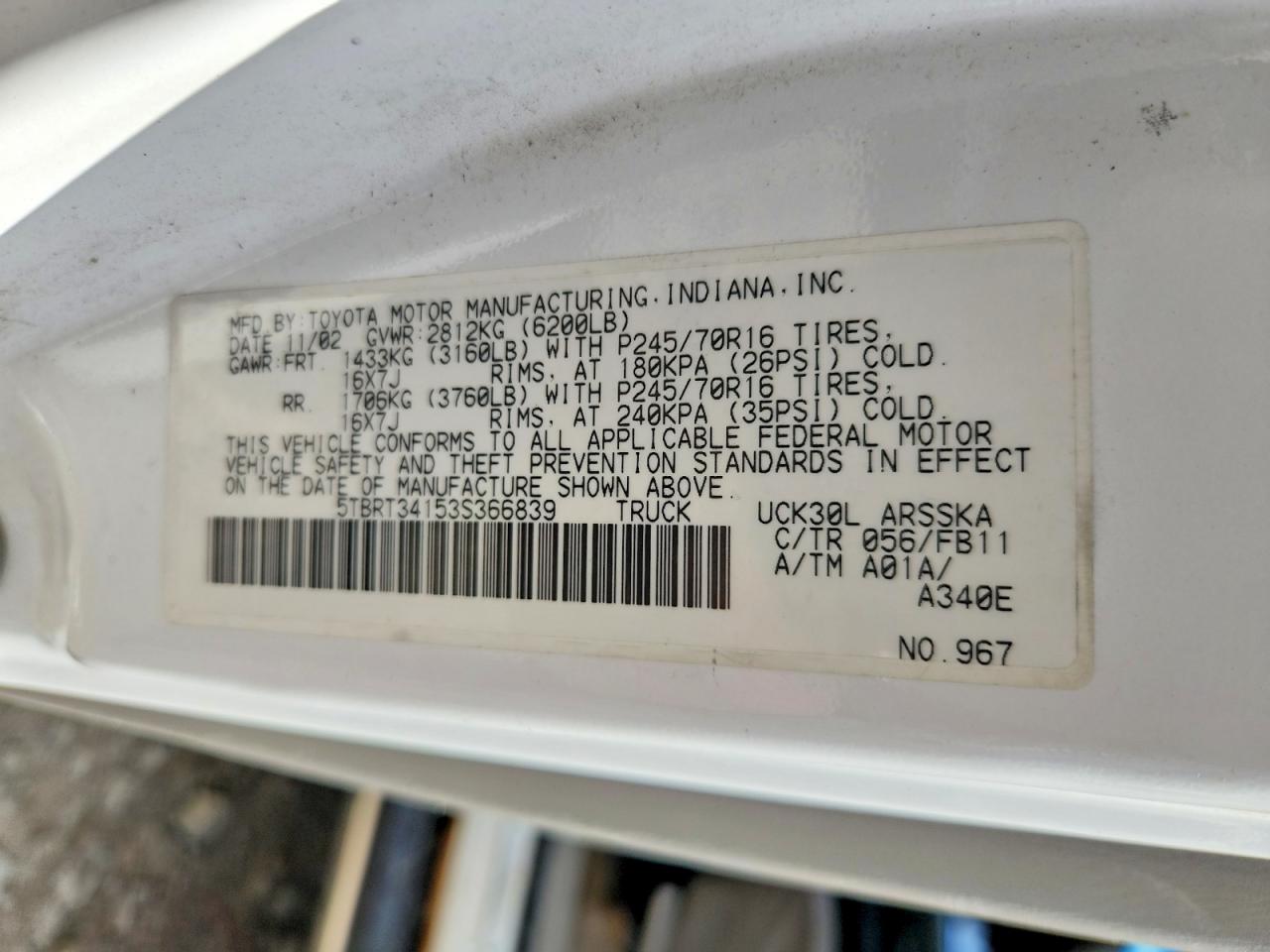 2003 Toyota Tundra VIN 5TBRT34153S366839 photo 12
