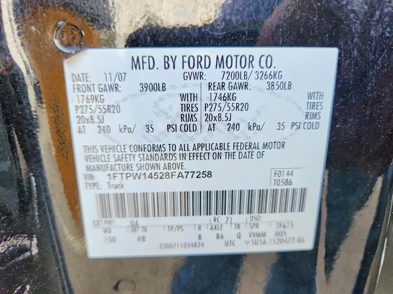 2008 Ford F150 VIN 1FTPW14528FA77258 photo 12