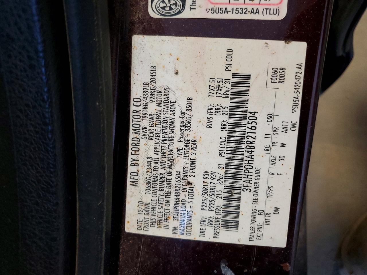 2011 FORD Fusion VIN 3FAHP0HA4BR216504 photo 12