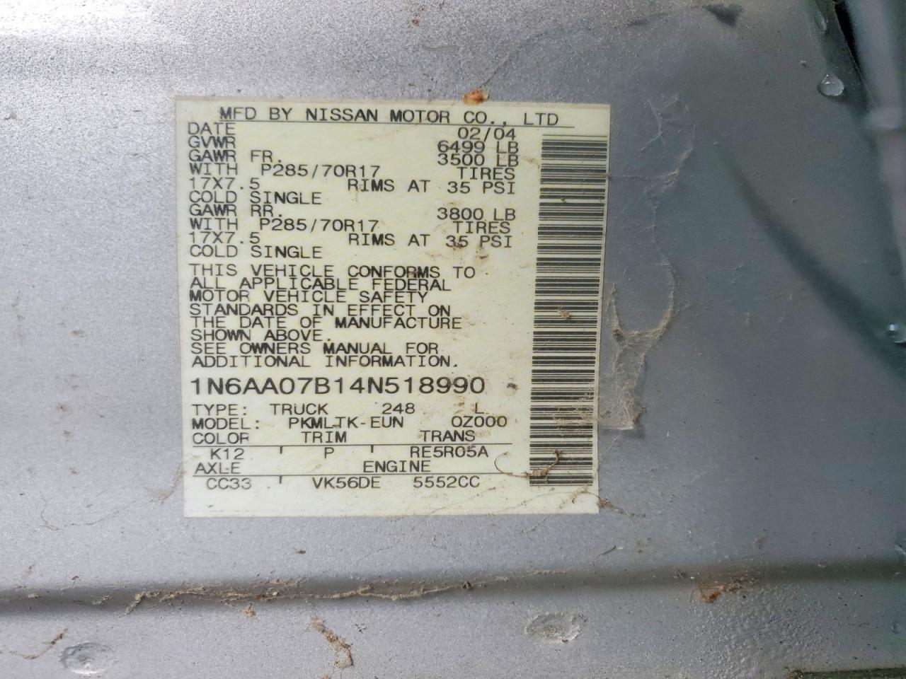 2004 Nissan TITAN VIN 1N6AA07B14N518990 photo 12