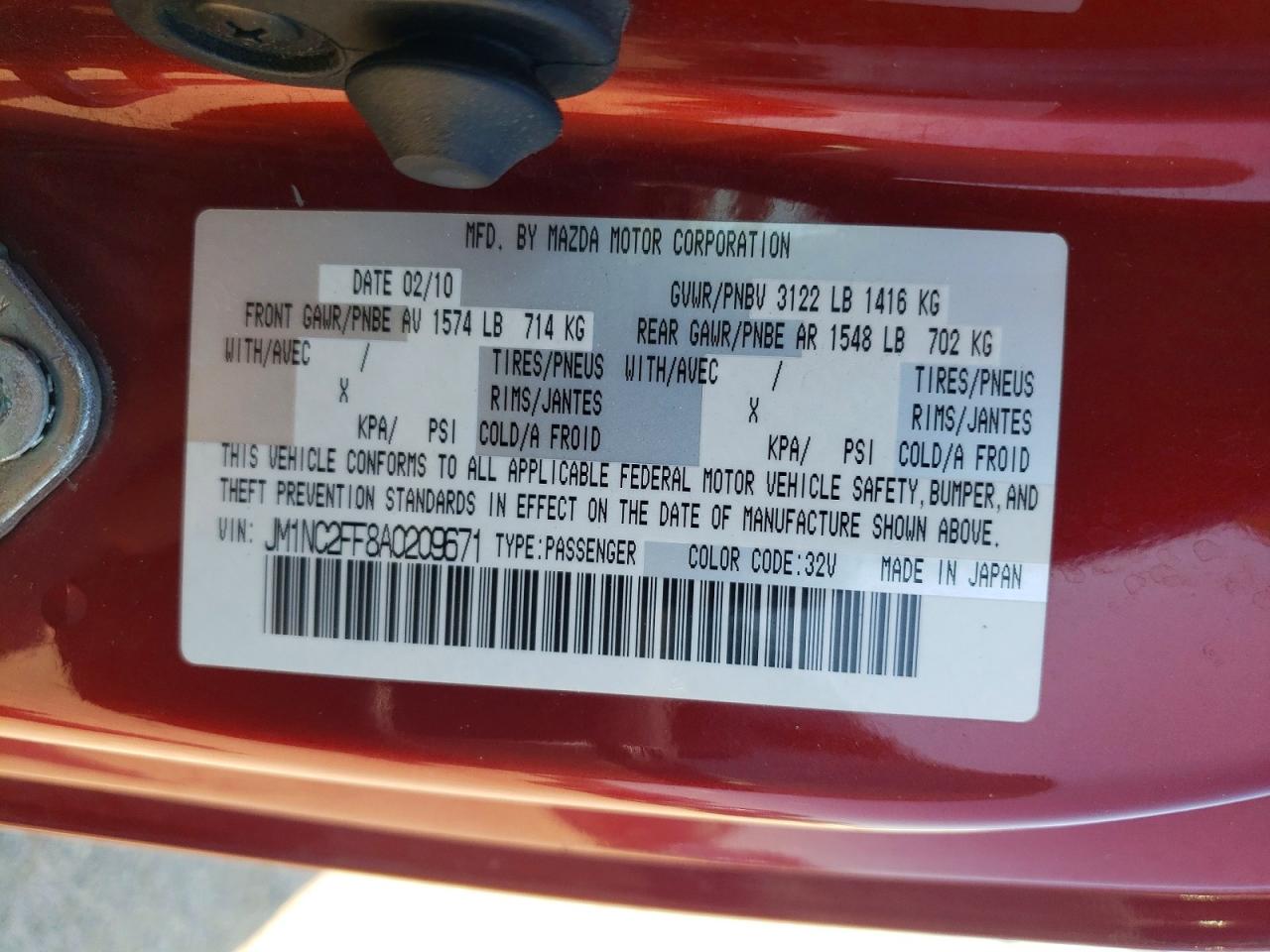 2010 Mazda Mx5 VIN JM1NC2FF8A0209671 photo 12