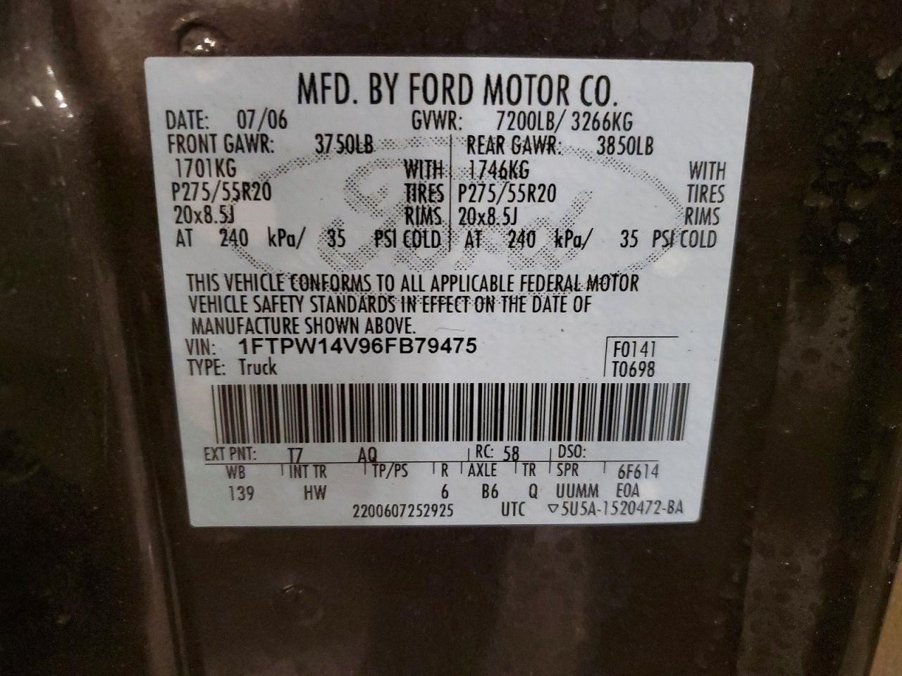 2006 Ford F150 VIN 1FTPW14V96FB79475 photo 12
