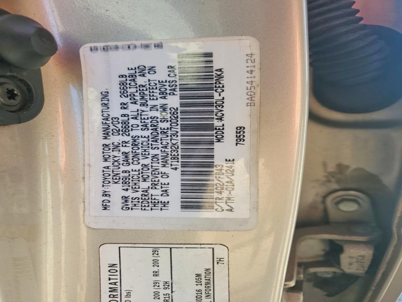 2003 Toyota Camry VIN 4T1BE32K73U700262 photo 12