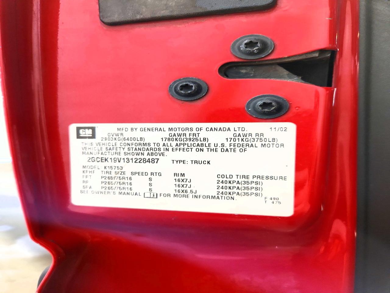 2003 Chevrolet Silverado VIN 2GCEK19V131228487 photo 12