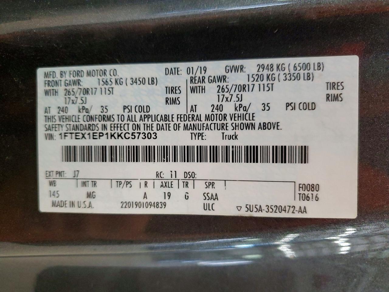 2019 Ford F-150 VIN 1FTEX1EP1KKC57303 photo 12
