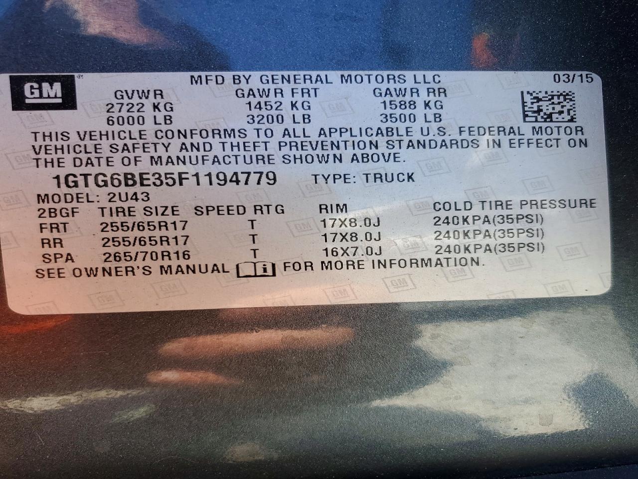 2015 GMC Canyon VIN 1GTG6BE35F1194779 photo 12