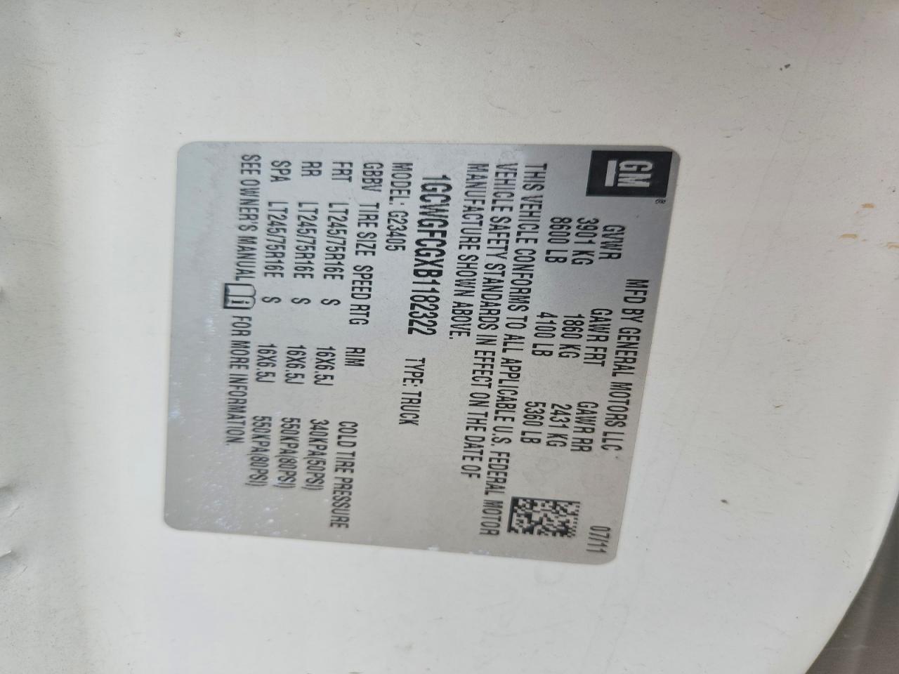 2011 CHEV Express VIN 1GCWGFCGXB1182322 photo 12