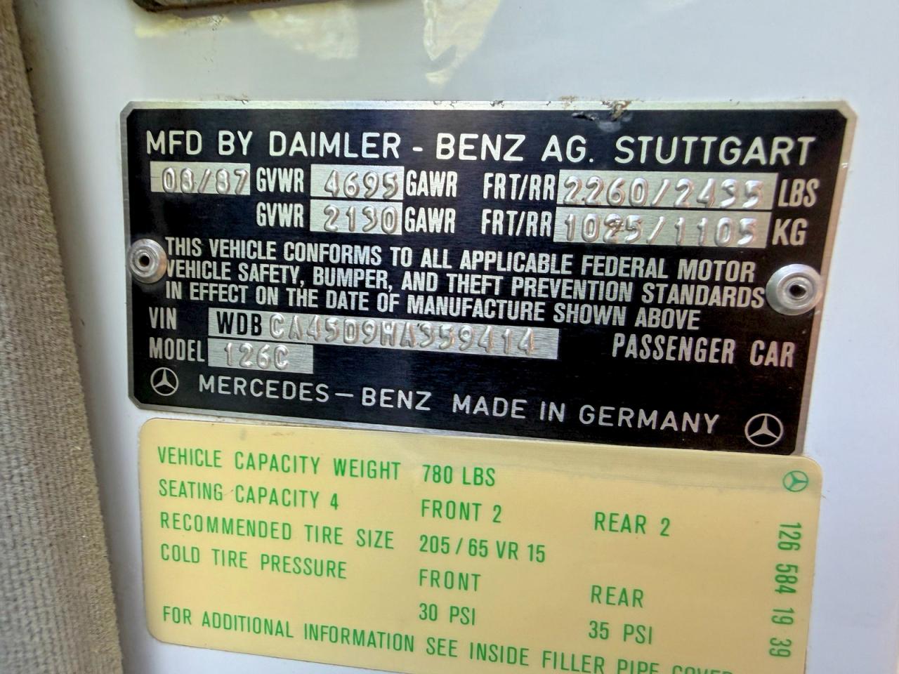 1987 MERCEDES-BENZ 560-class VIN WDBCA45D9HA359414 photo 10