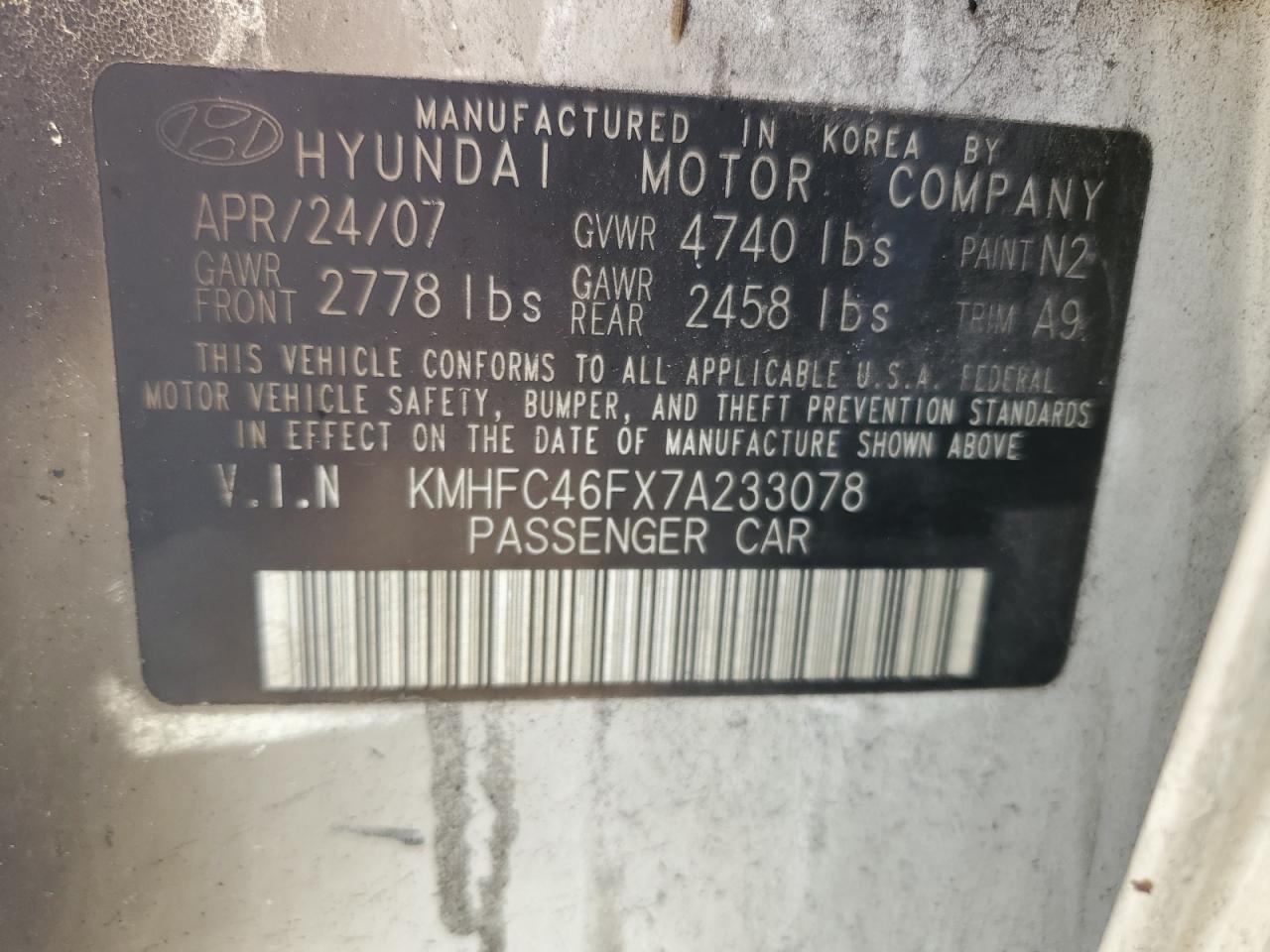 2007 HYUNDAI Azera VIN KMHFC46FX7A233078 photo 12