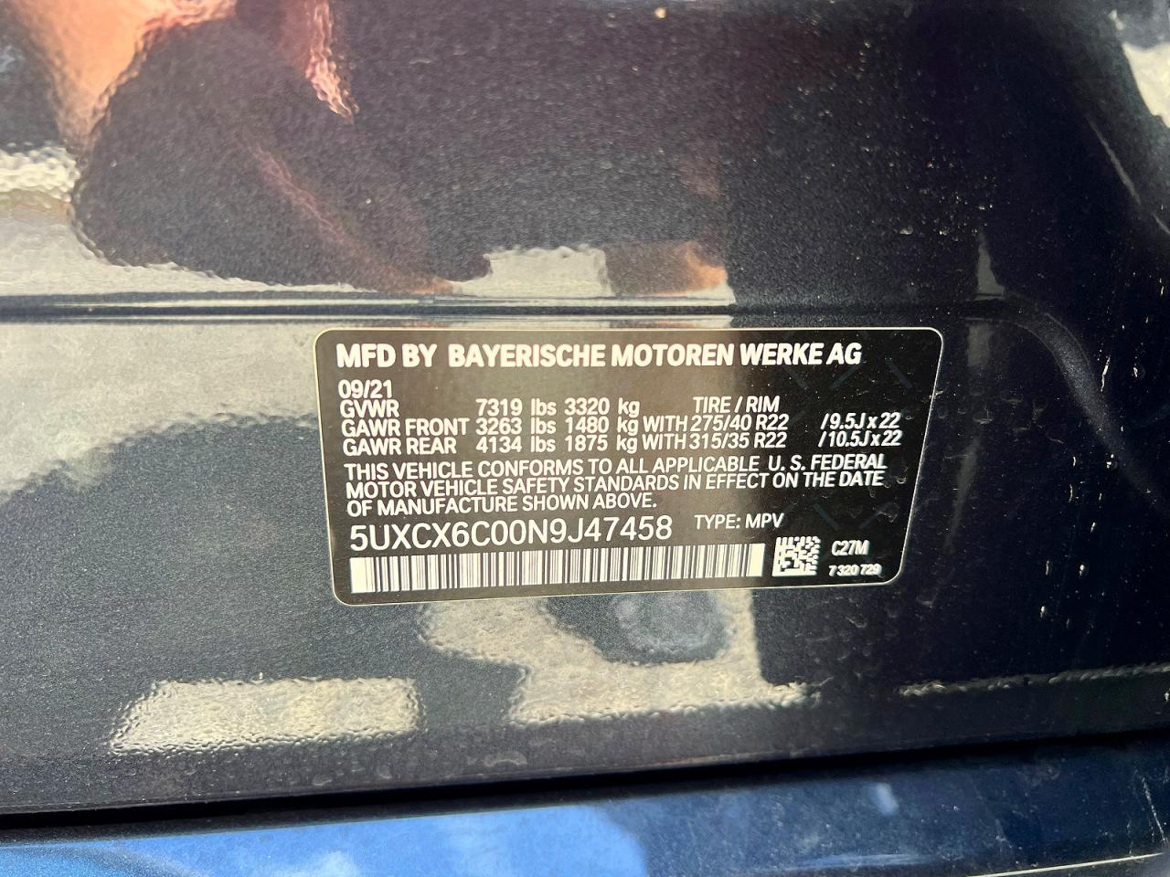 2022 BMW X7 VIN 5UXCX6C00N9J47458 photo 10