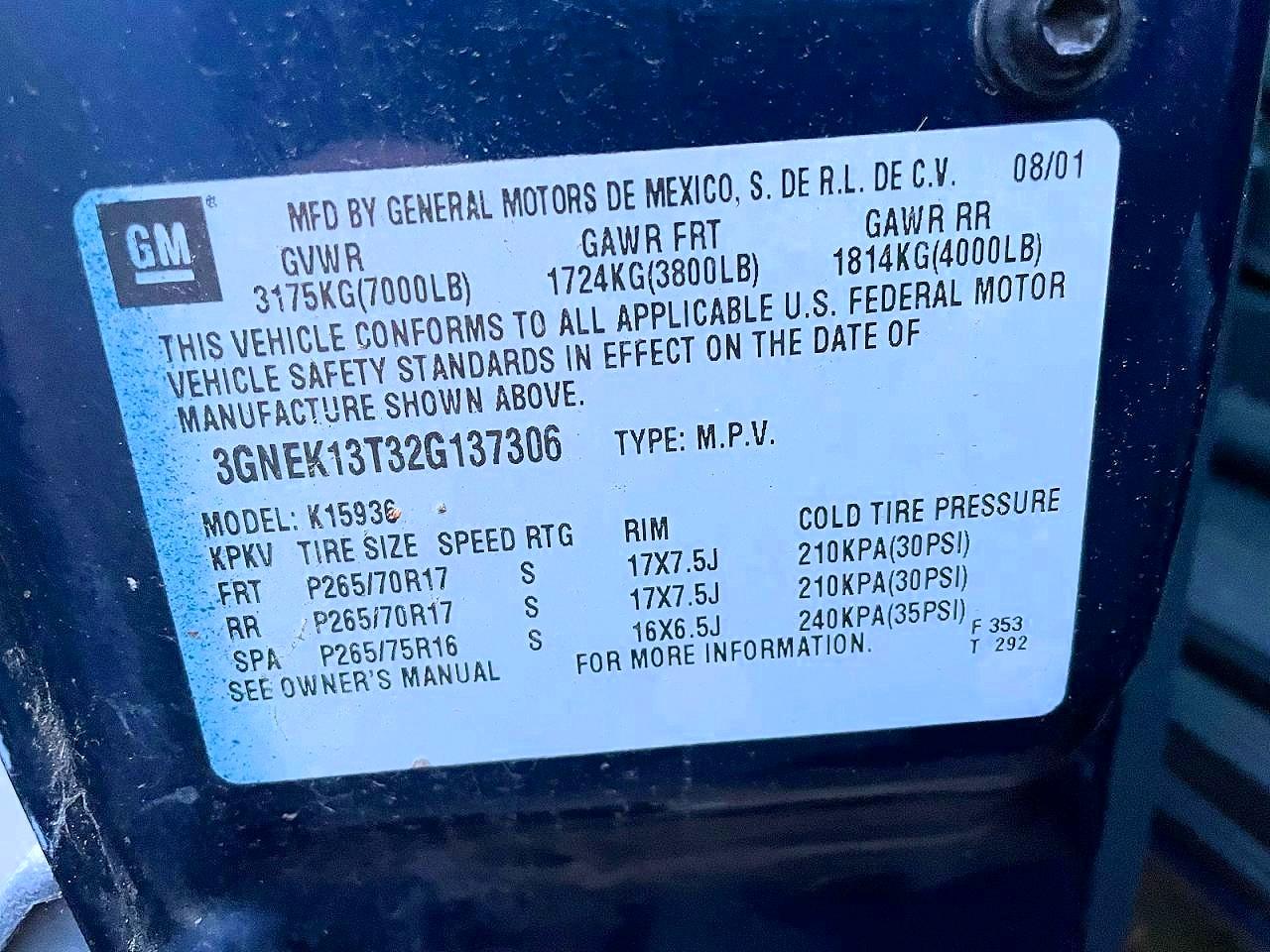 2002 Chevrolet Avalanche VIN 3GNEK13T32G137306 photo 10