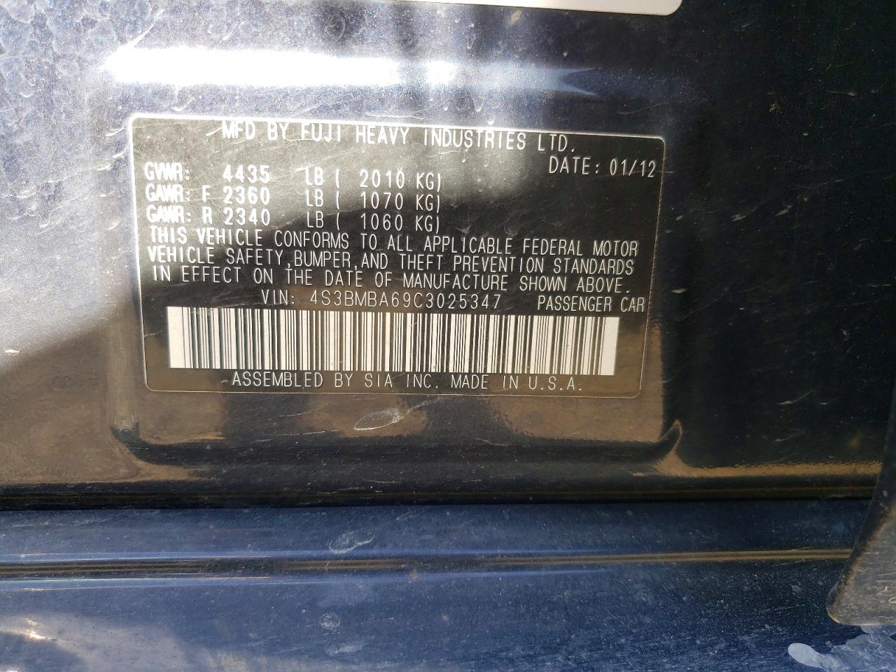 2012 Subaru LEGACY VIN 4S3BMBA69C3025347 photo 12