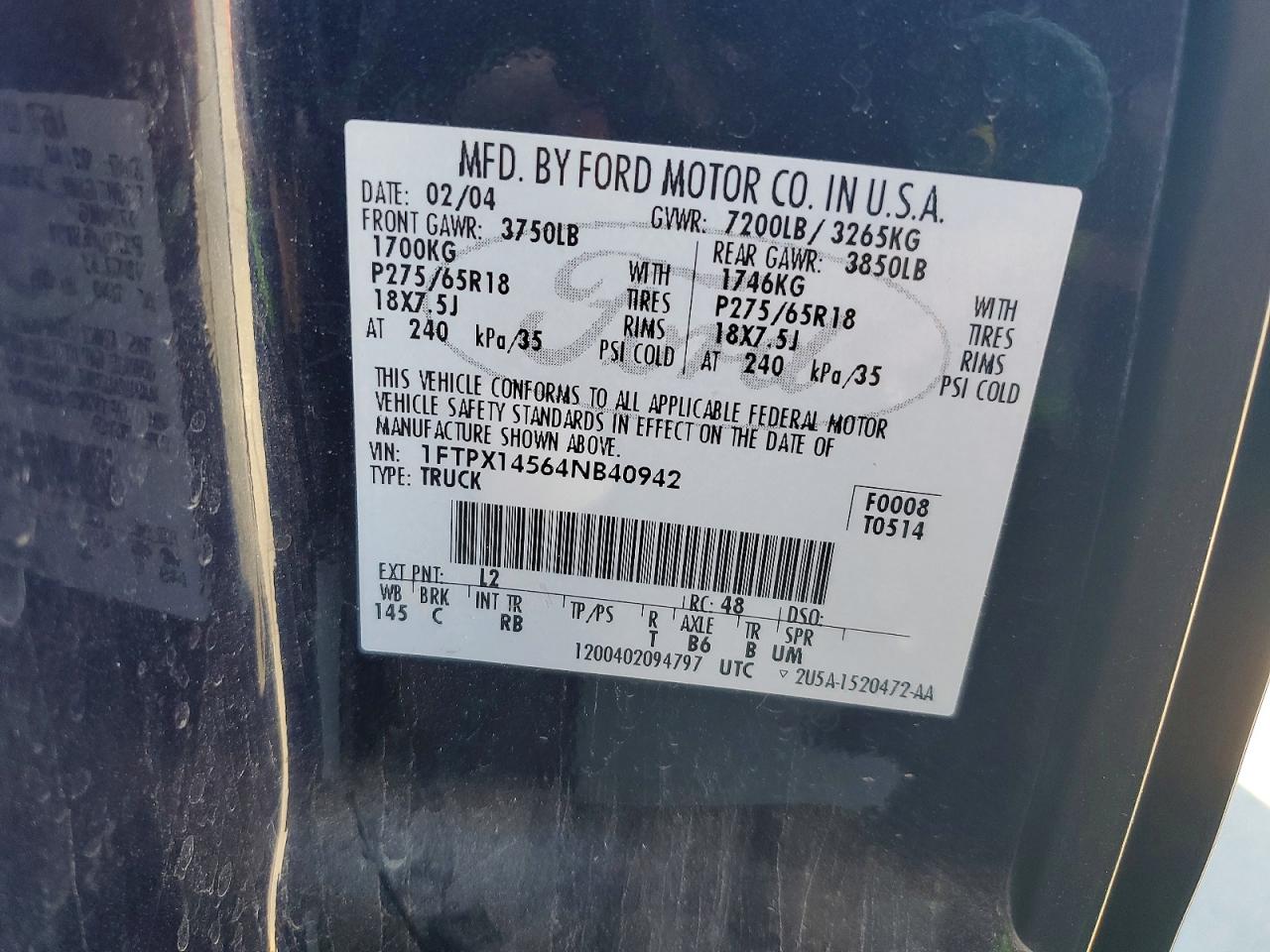 2004 Ford F150 VIN 1FTPX14564NB40942 photo 12