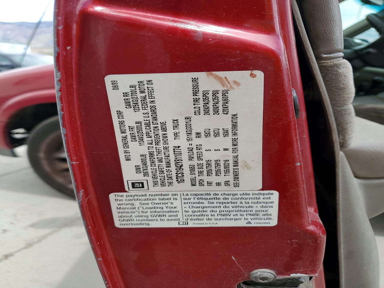 2000 GMC Sonoma VIN 1GTCS1942Y8110774 photo 12