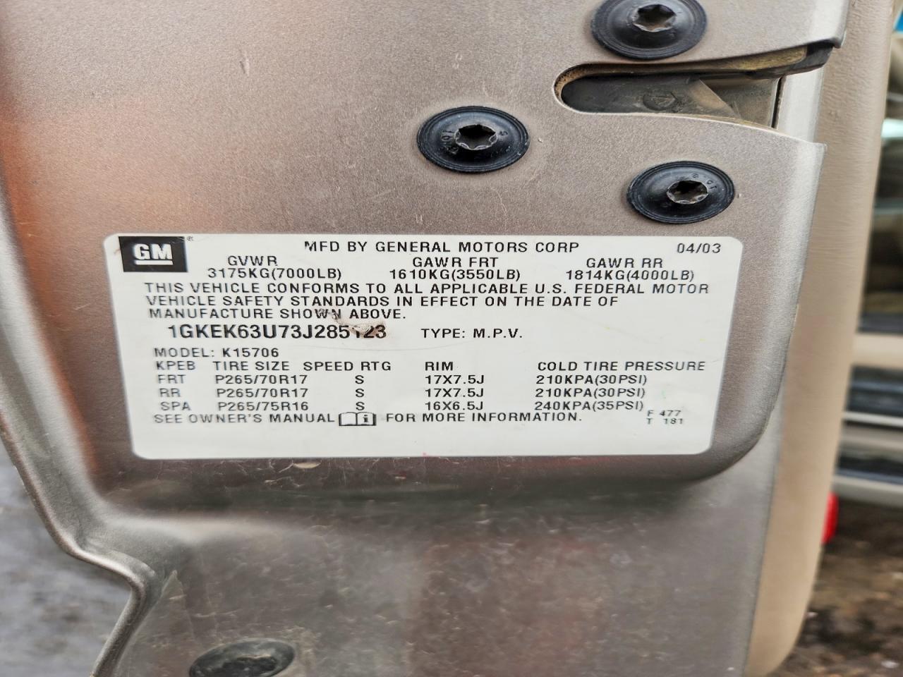 2003 GMC Yukon VIN 1GKEK63U73J285123 photo 12