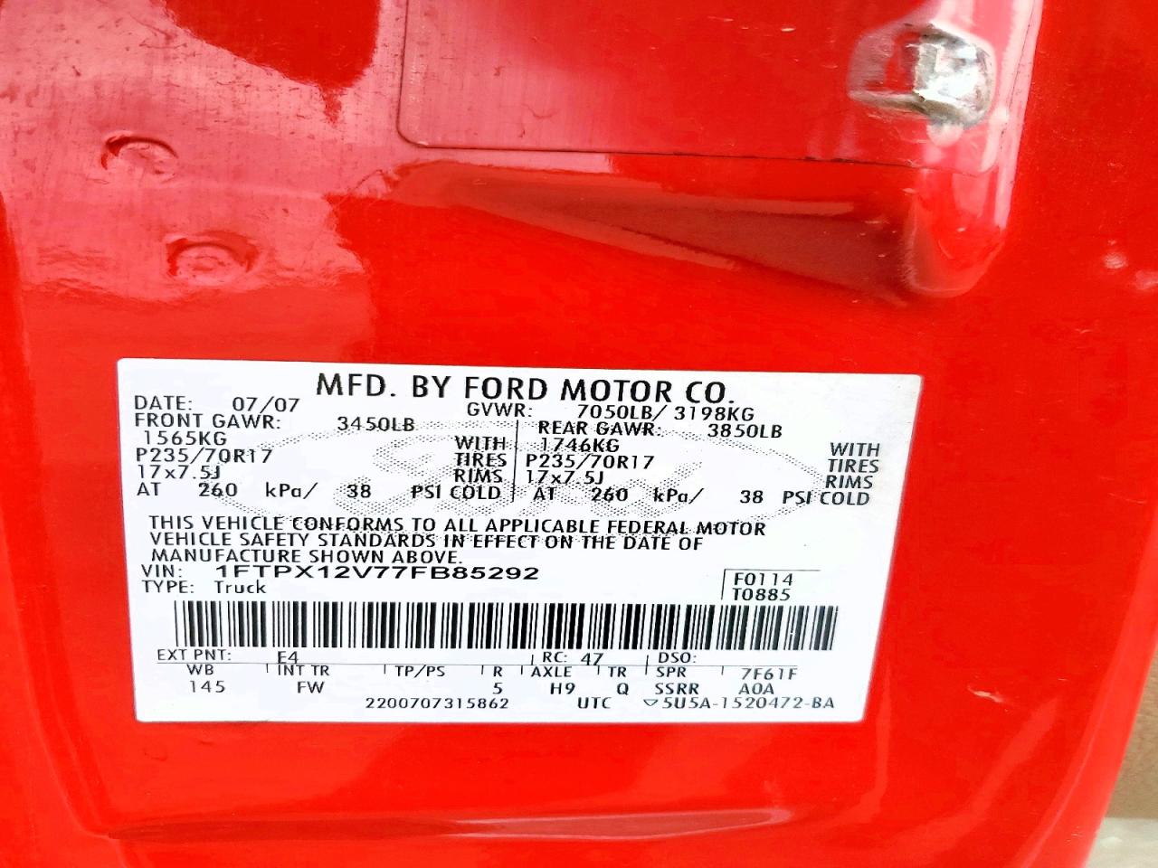 2007 Ford F150 VIN 1FTPX12V77FB85292 photo 12