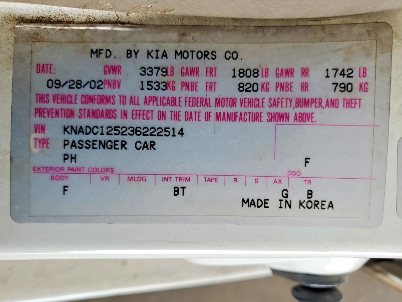 2003 Kia Rio VIN KNADC125236222514 photo 12