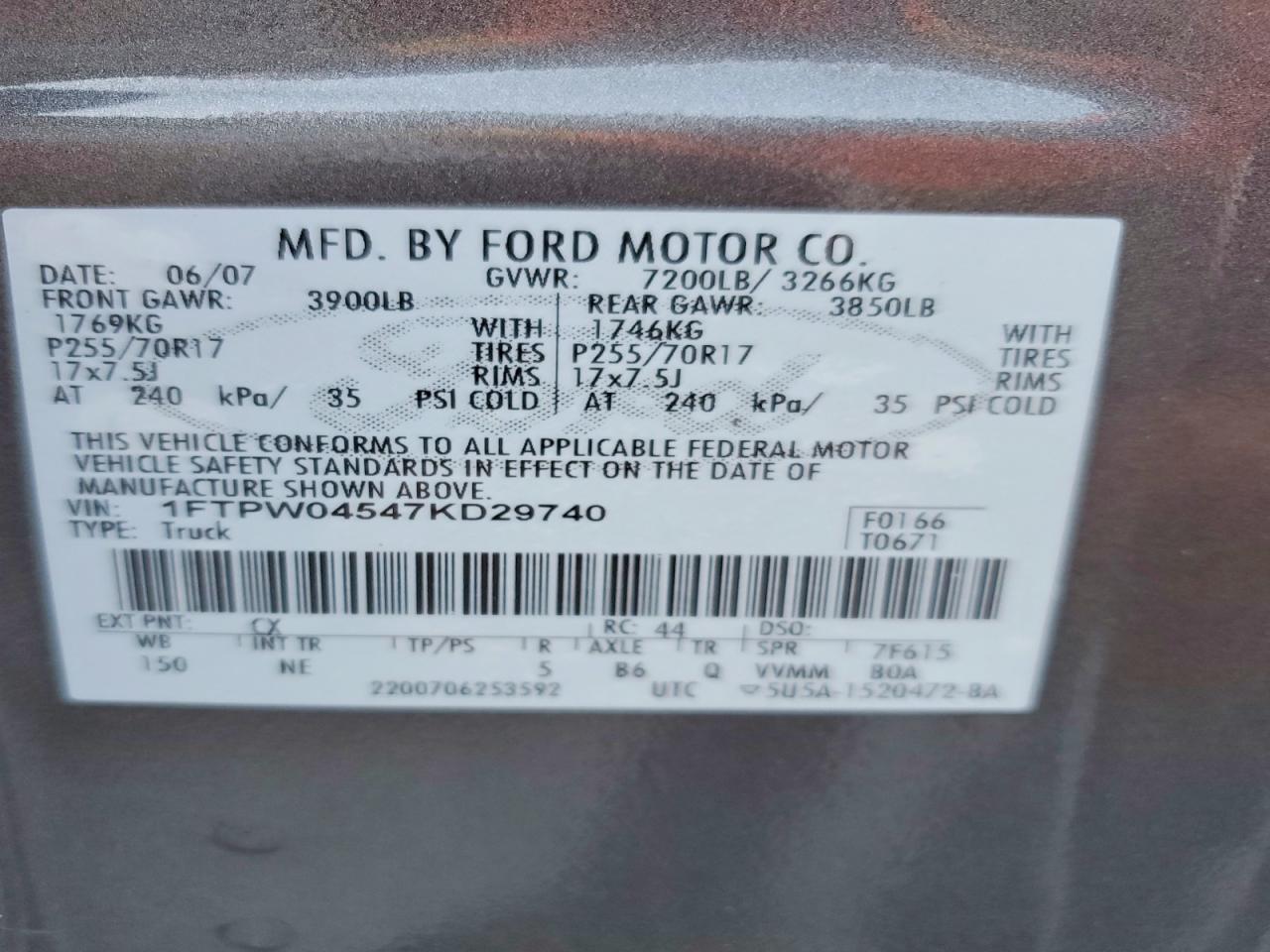 2007 Ford F150 VIN 1FTPW04547KD29740 photo 12