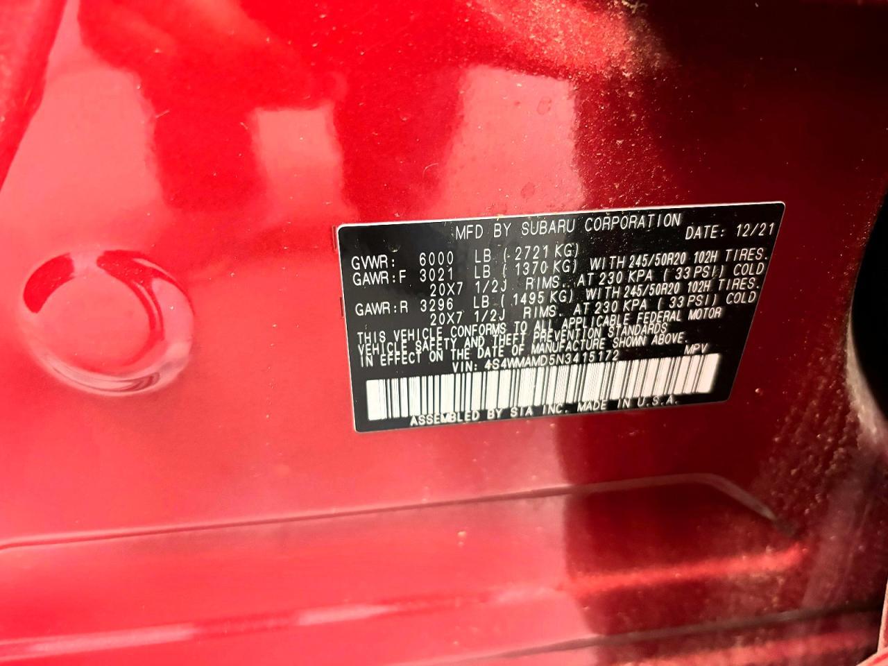 2022 Subaru Ascent VIN 4S4WMAMD5N3415172 photo 10
