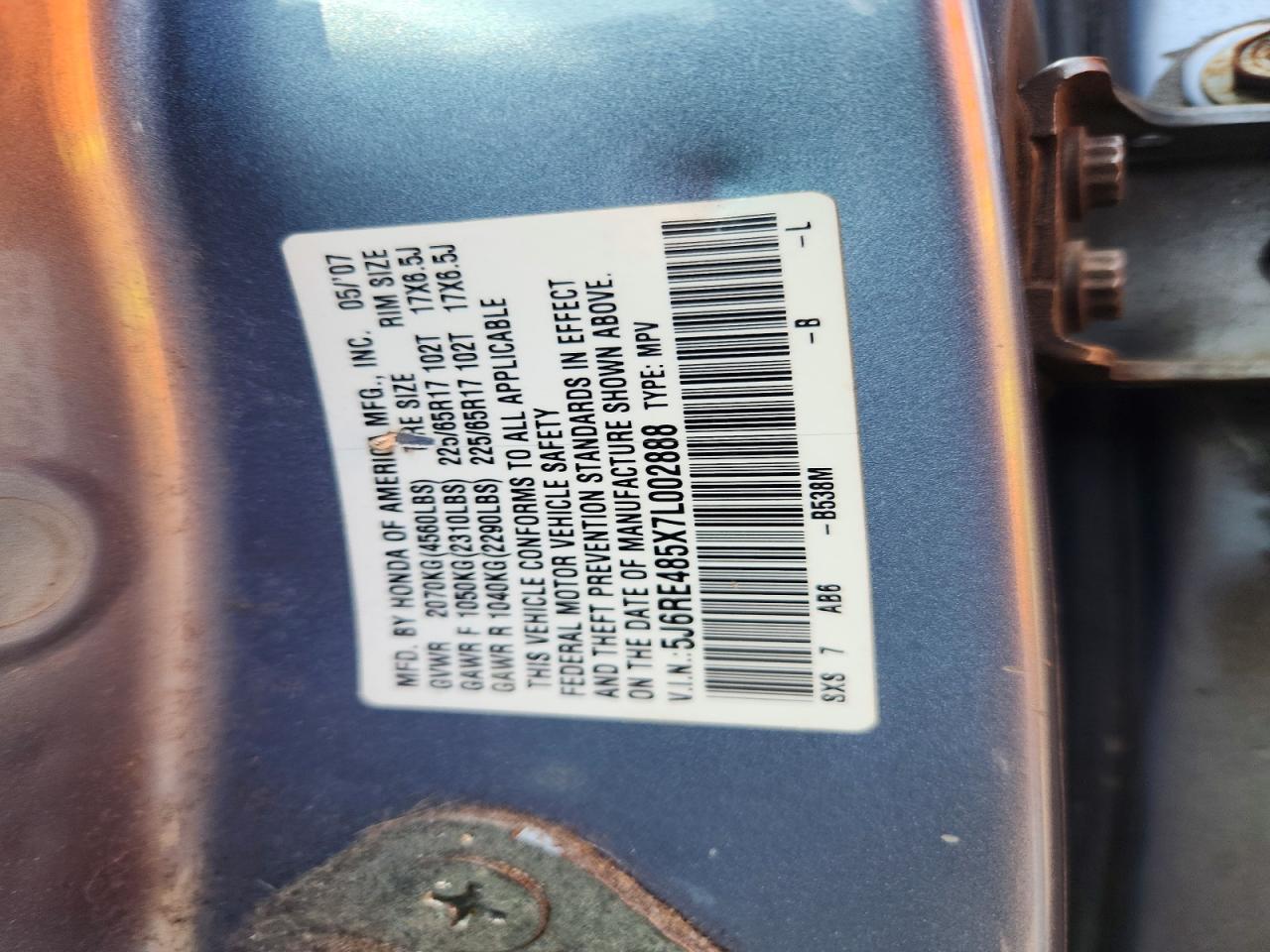 2007 Honda Crv VIN 5J6RE485X7L002888 photo 12