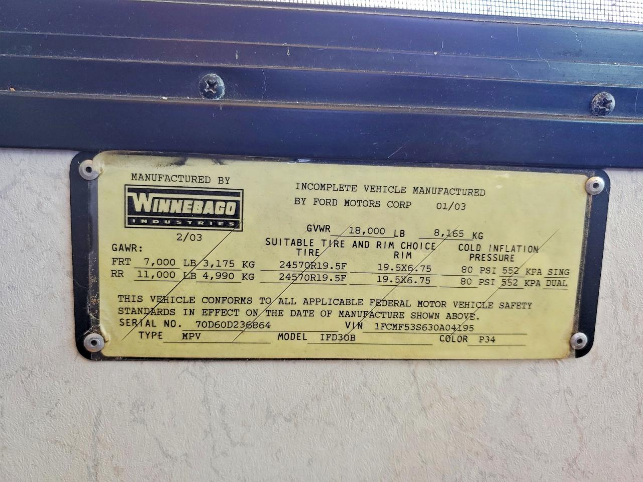 2003 Winnebago F550 VIN 1FCMF53S630A04195 photo 10