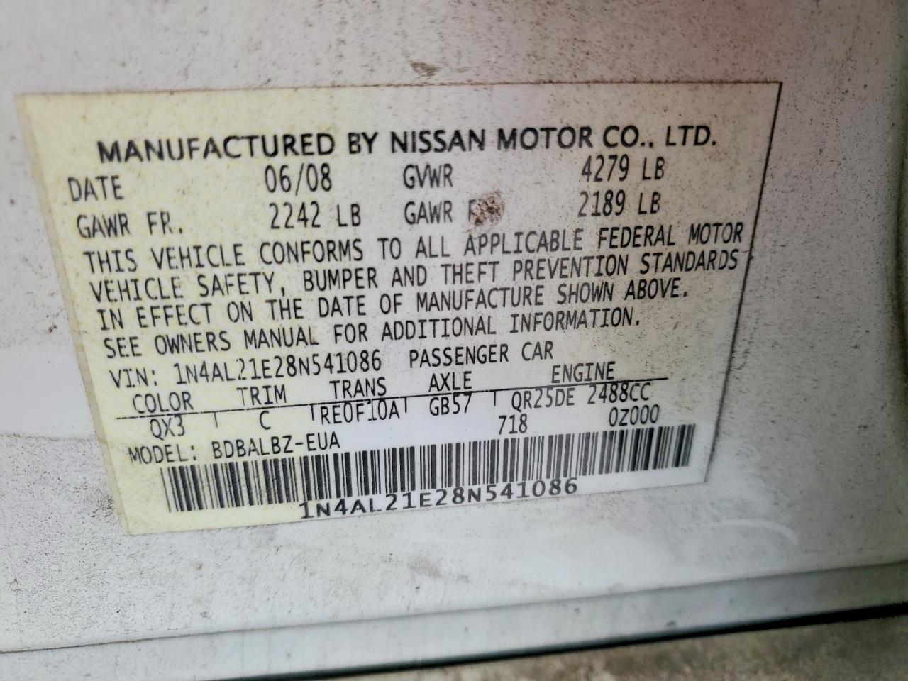 2008 NISS Altima VIN 1N4AL21E28N541086 photo 12