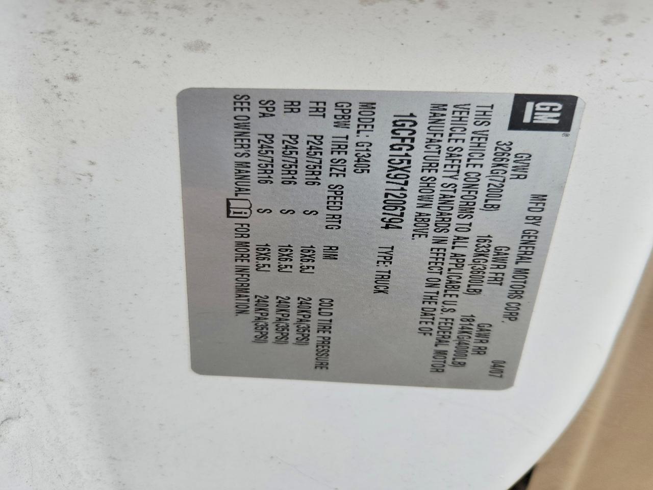 2007 CHEV All models VIN 1GCFG15X971206794 photo 12