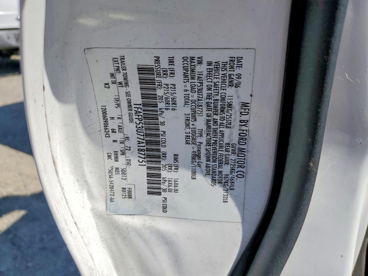 2007 Ford Taurus VIN 1FAFP53U77A187751 photo 12